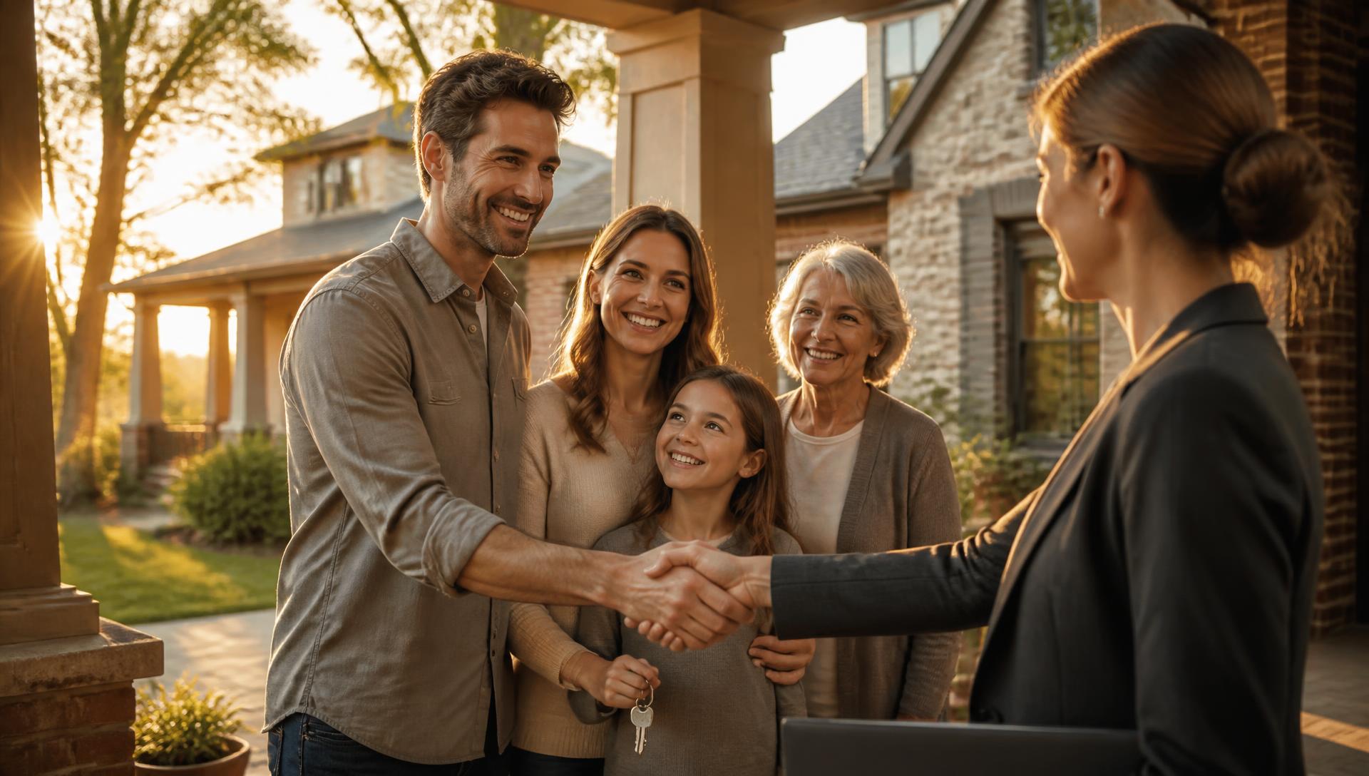 Attorney greeting a multigenerational family outside their home